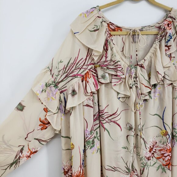 H&M Floral Print Ruffle Trim Blouse Top XL Womens Long Sleeve Cream - Picture 4 of 7
